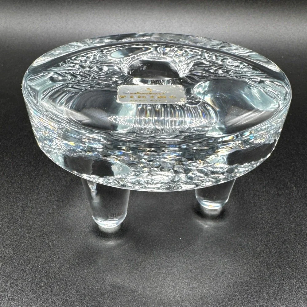 Viking Glass Vtg Handmade Clear Textured 3 Footed Tripod Taper Candle Holder MCM